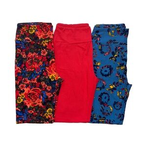 Lot 3 Pairs LuLaRoe OS Leggings Bright Red Solid Blue Orange Yellow Green Floral